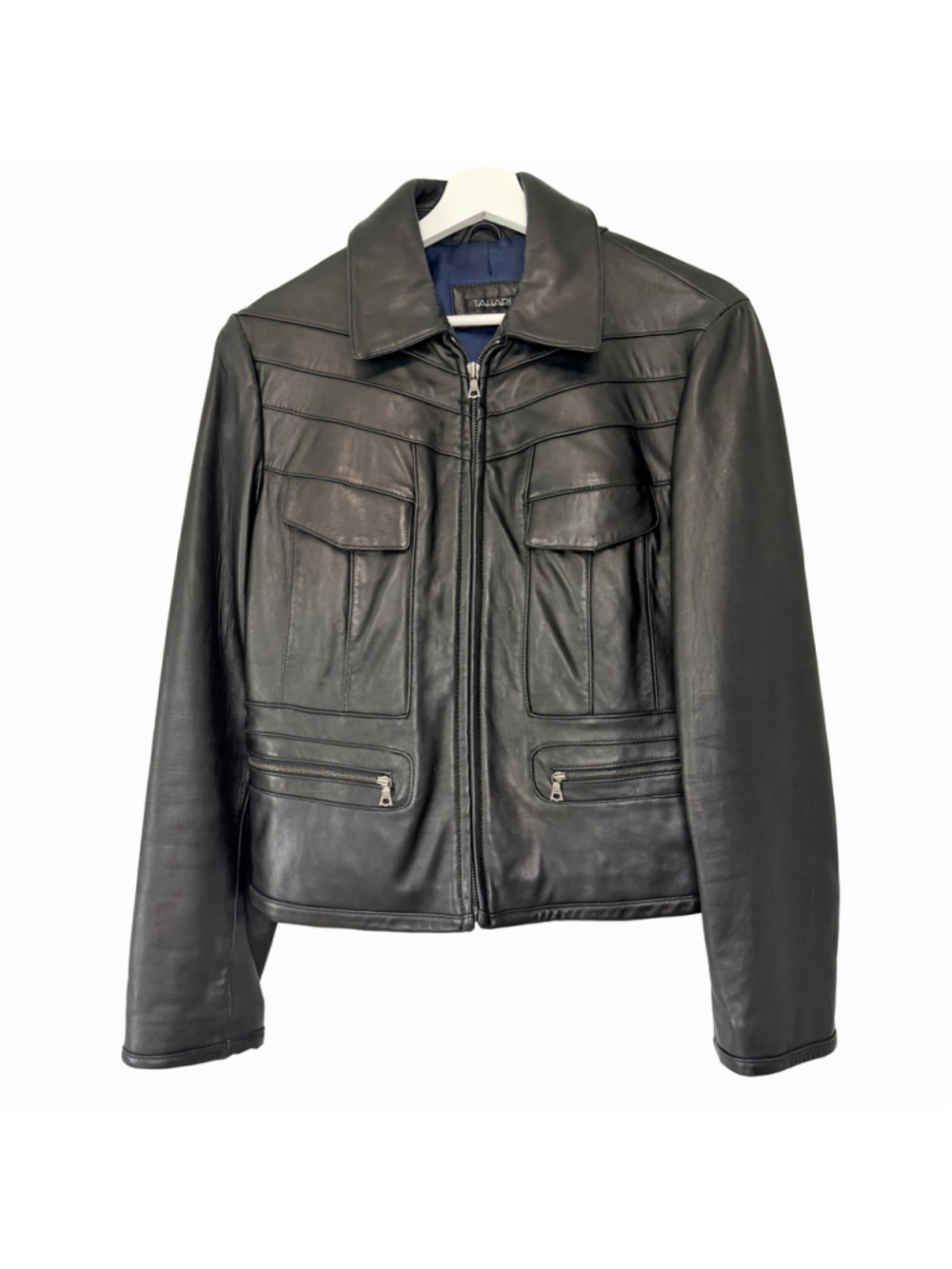Tahari Black Leather Zip Jacket Women's Size Medium Minimalist Rocker Chic